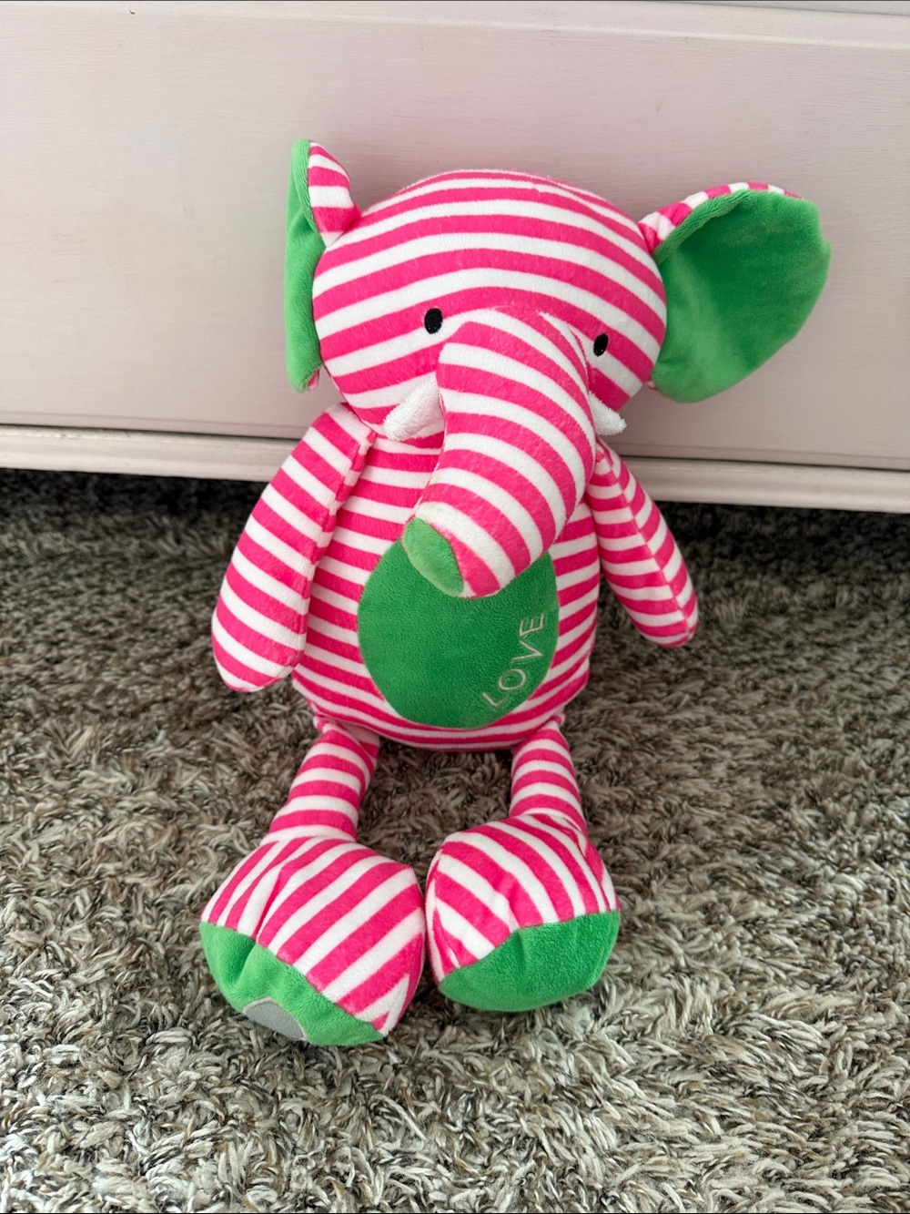 Pink & Green Striped Elephant Plush - LOVE Patch Cuddly Toy